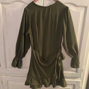 Olive green boutique wrap dress with ruffle detail